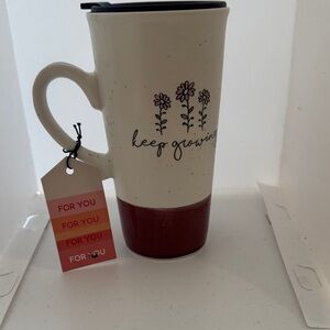 Keep Growing Ceramic Travel Mug with Lid - Cream and Burgundy